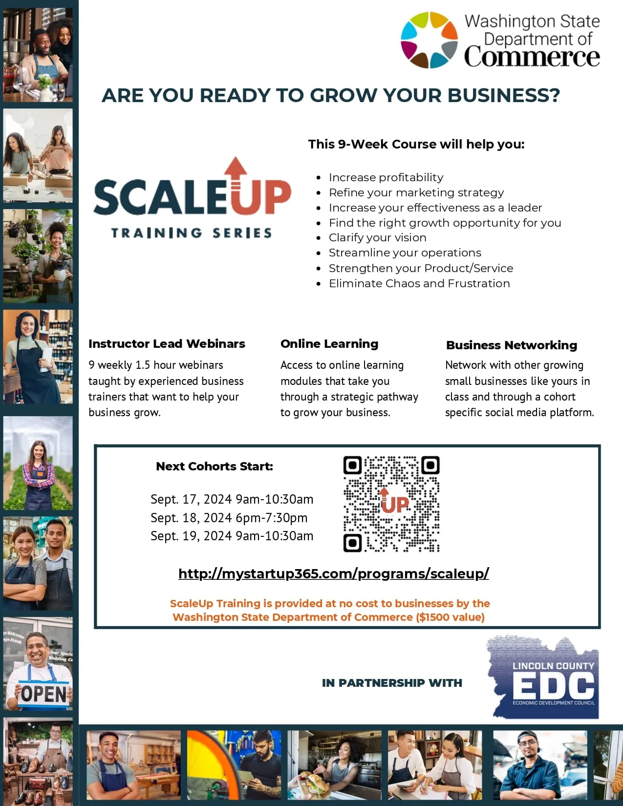 ScaleUp Training Series flyer — a nine-week course covering profitability, marketing strategy, leadership, and operations